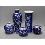Two 19th / 20th century Chinese blue and white prunus vases and three jars, tallest 29cm