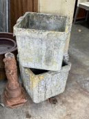 A pair of reconstituted stone square garden planters, width 42cm, height 36cm