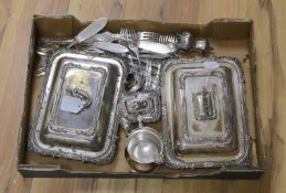 A pair of Sheffield plate entree dishes and other minor plated items including flatware.