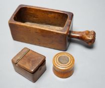 19th Century treen – a fruitwood rectangular dish, 17.5cm, inscribed HTGF 1843 a fruit wood box