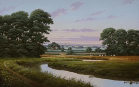 Terence Grundy (b.1956), oil on canvas, River landscape with sheep in pasture, signed, 50 x 75cm