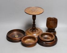 A mahogany adjustable candle stand, coasters etc.