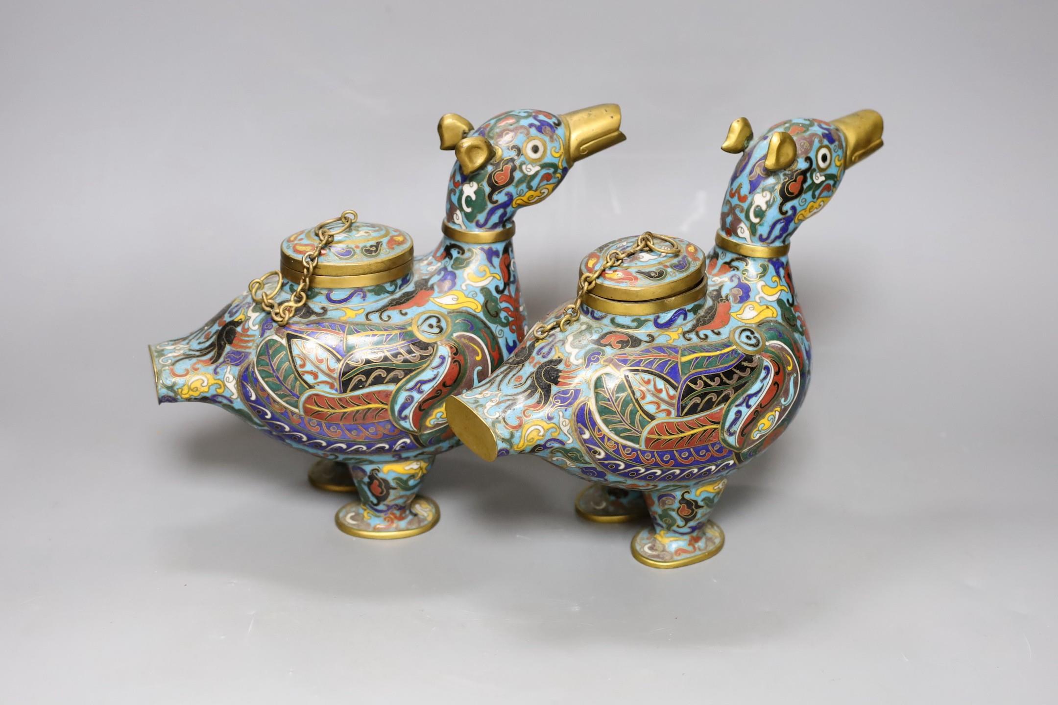 A pair of 20th century Chinese cloisonné enamel ‘duck’ vessels, 20cm - Image 2 of 3