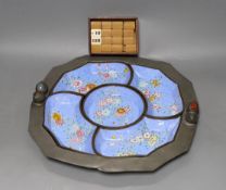An early 20th century Chinese Guangzhou enamel supper set in a pewter tray, 35cm and a boxed set