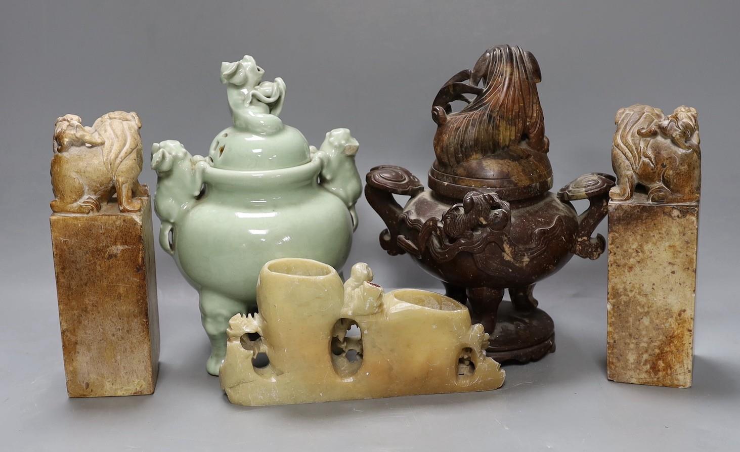 A Chinese celadon ground censer, together with a hardstone censer, a soapstone carving and two - Image 2 of 3