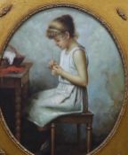 After Alexi Harlamoff (Russian, 1848-1915), oil on canvas, Young girl sewing, framed to the oval
