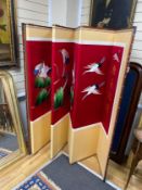 A modern Chinese faux bamboo embroidered eight fold dressing screen decorated with cranes, each