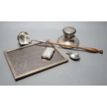A silver mounted rectangular photograph frame, a modern silver mounted toddy ladle, a silver vesta