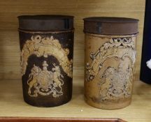 A pair of 19th century cylindrical salt glazed stoneware canisters, with Royal coat of arms