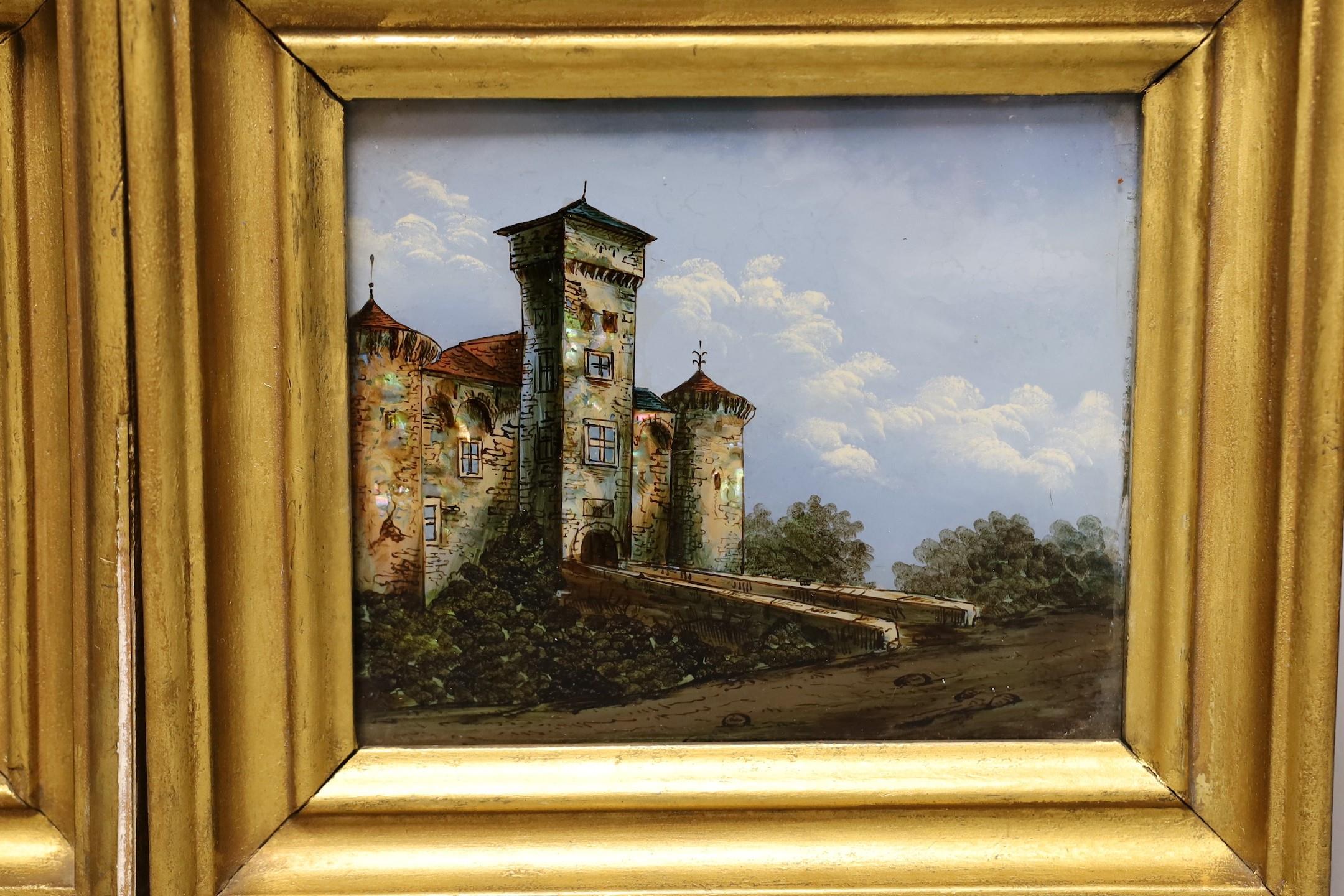 A pair of framed late 19th century reverse glass paintings of Italianate views, 22x25 including - Image 3 of 3