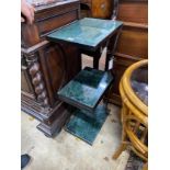 A pair of two tier wrought iron and green marble two tier occasional tables, width 30cm, depth 45cm,