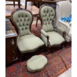 A pair of Victorian carved walnut spoon back chairs, one with arms together with a similar