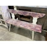 A Tyrolean style painted wood bench, length 142cm, depth 55cm, height 91cm