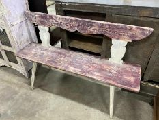 A Tyrolean style painted wood bench, length 142cm, depth 55cm, height 91cm