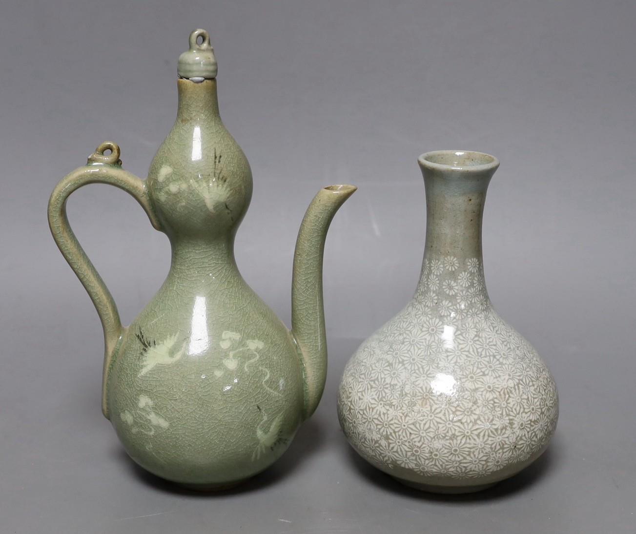 A Korean celadon wine pot and a similar vase, tallest 22cm - Image 2 of 3