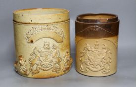Two 19th century salt glazed stoneware cylindrical storage jars, both with Royal Coat of Arms