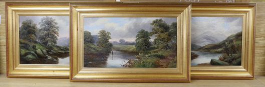English School, three oils on board, River landscapes, indistinctly signed, 22 x 40cm