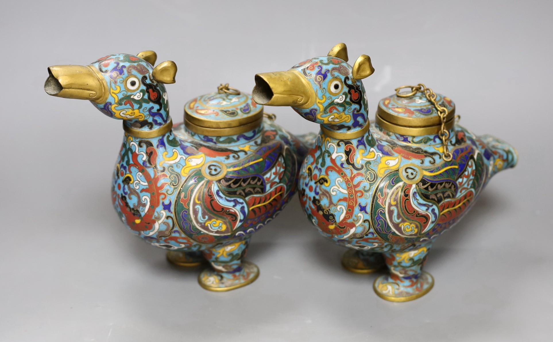 A pair of 20th century Chinese cloisonné enamel ‘duck’ vessels, 20cm