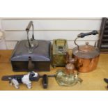 Mixed metalwares including an art nouveau copper and brass inkwell, painted model of a spaniel,