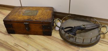 An oak and metal bound box, a circular brass tray and a pair of draper's scissors