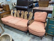 A 1920's caned beech two piece bergere suite, settee length 168cm, depth 72cm, height 82cm