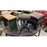 A Damascan footstool with leather seat, a Victorian adjustable piano stool and two painted pine
