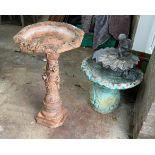 Three stone and composition bird baths, largest height 67cm and two canvas folding stools