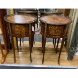 A pair Louis XVI style marquetry inlaid, gilt metal mounted three drawer bedside chests, width 44cm,