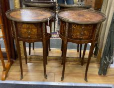 A pair Louis XVI style marquetry inlaid, gilt metal mounted three drawer bedside chests, width 44cm,