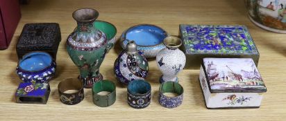 A group of Chinese and Japanese cloisonné enamel wares and a Continental enamel snuff box, largest