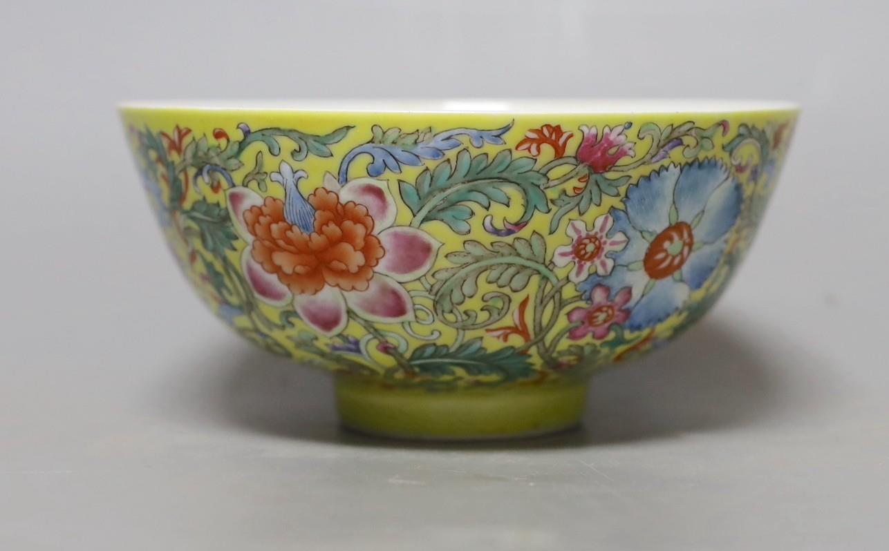 A Chinese yellow ground famille rose floral bowl, 15cm - Image 2 of 4