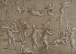 Follower of Giulio Romano (Italian, c. 1499-1546), ink and wash heightened with white, Putti at