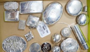 A mixed collection silver pill and other boxes, including Edwardian tobacco box, George V card case,