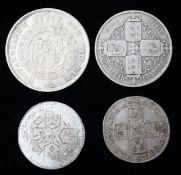 A Queen Anne shilling 1709, about VF, a George III halfcrown, 1817, EF and a George III 1787