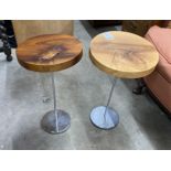 A pair of contemporary circular walnut and chrome occasional tables, diameter 30cm, height 53cm