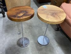 A pair of contemporary circular walnut and chrome occasional tables, diameter 30cm, height 53cm