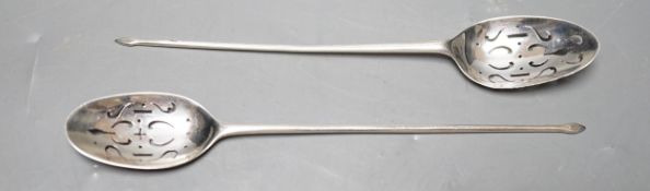 Two 18th century silver mote spoons, including one by Nicholas Hearnden, London, circa 1760, 14.5cm,