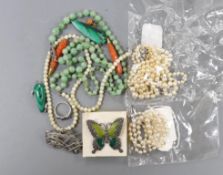 Assorted jewellery including cultured pearl necklace, jadeite bead necklace, marcasite set butterfly
