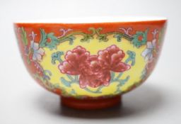 A Chinese famille rose coral ground bowl, 11cm diameter
