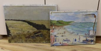 Graham Payn, oil on canvas, Cart in a hay field, 40 x 51cm and a Beach scene signed Cole and