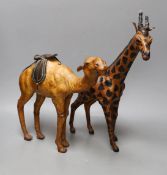 A Liberty style hide covered giraffe and camel (2) tallest 42cm