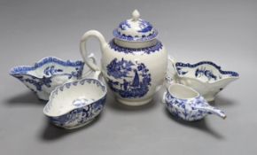 Two Worcester blue and white sauceboats a Bow (?) Sauceboat, a damaged teapot and a continental