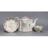 A New Hall type teapot and a similar tea bowl and saucer, teapot 15 cms high,