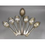 A set of six Victorian silver fiddle and thread pattern table spoons, by George Adams, London,