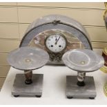 An Art Deco marble clock garniture with knotted ribbon decoration