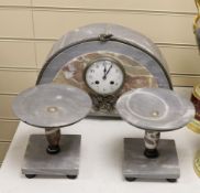 An Art Deco marble clock garniture with knotted ribbon decoration