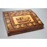 A Tunbridge ware rosewood, perspective cube marquetry and mosaic writing slope, view of Hever
