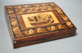 A Tunbridge ware rosewood, perspective cube marquetry and mosaic writing slope, view of Hever