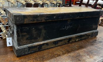 A small Victorian iron bound pine trunk, length 89cm, depth 30cm, height 30cm