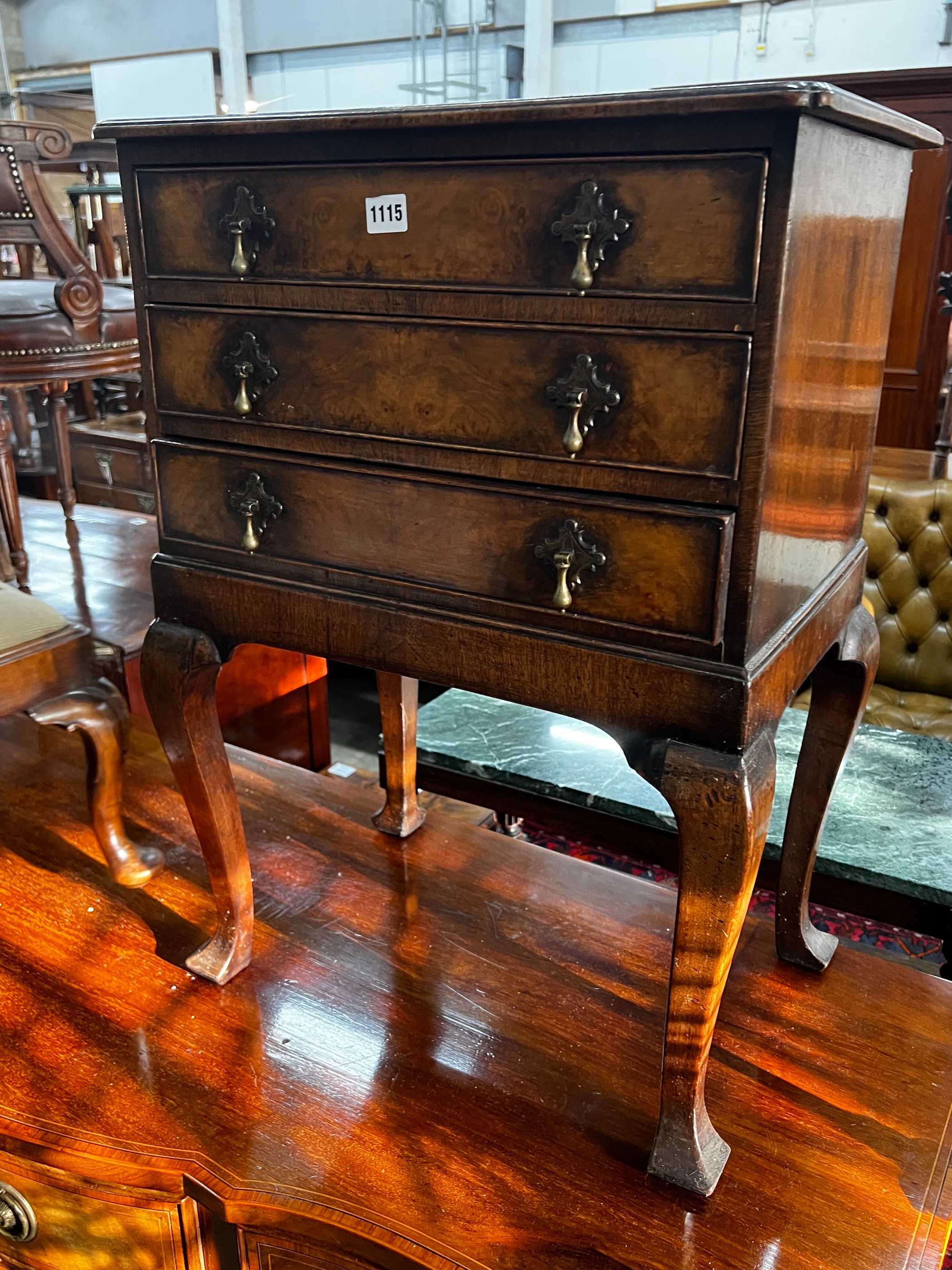 A George III style walnut bedside chest, fitted three long drawers, width 53cm, depth 39cm, height - Image 2 of 3